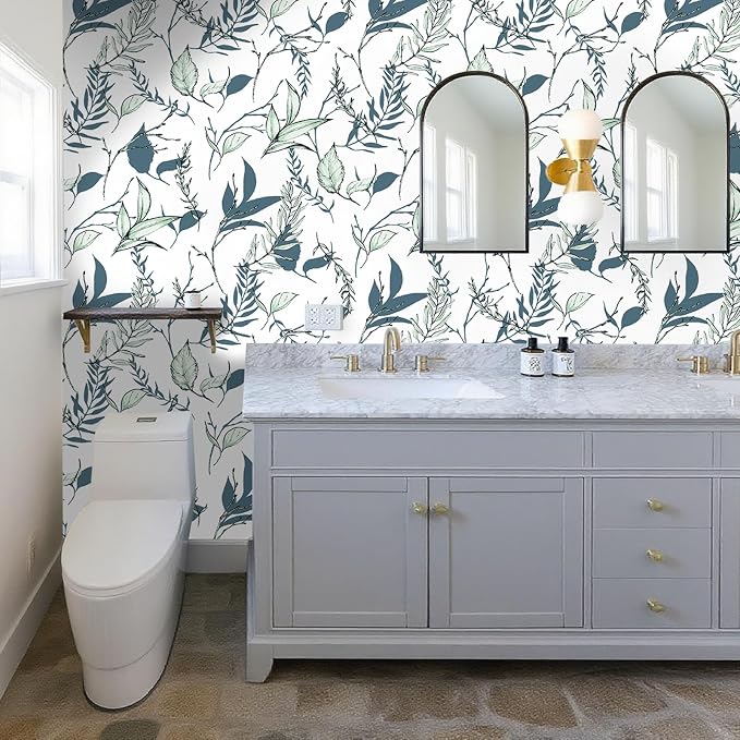 Sage Green and Blue Leaf Peel and Stick Wallpaper 17.7in x 213in | Modern self-adhesive removable self adhesive waterproof wall covering for bathroom and accent walls - Image 5