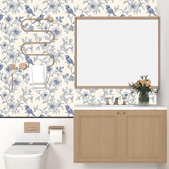 Laatse Floral Bird Vintage Wallpaper Peel and Stick 17.5" x 393",Beige | Self Adhesive/Removable/Waterproof/Thick Vinyl Contact Paper for Bathroom Bedroom Shelf Cabinet Drawer,Prepasted,Easy Peel - Image 4