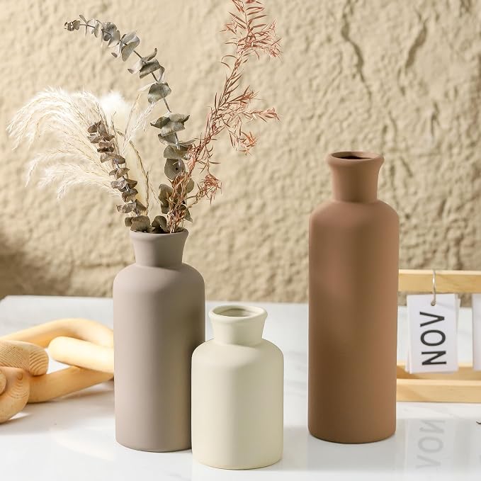 Ceramic Vase Set of 3, Flowers Neutral Modern Vases Home Decor Rustic Farmhouse Decor Pampas Vase for Table Mantel Entryway Shelf Living Room Kitchen Bathroom - Brown - Image 4