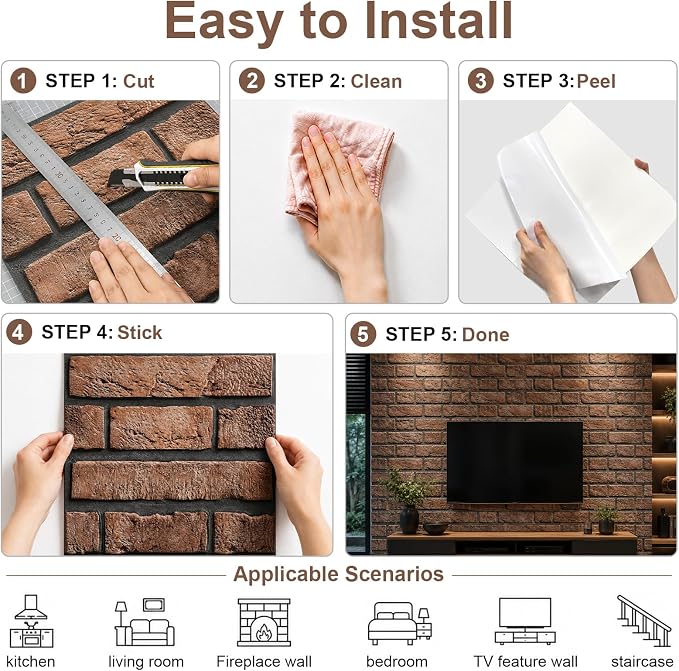 3D Brick Wall Panels Peel and Stick,10Pcs Self Adhesive PVC Tiles | 11.81*11.81 Inch, Waterproof, Self-Adhesive Wall Tiles, Wallpaper for Accent Walls, Kitchen, Bathroom, Bedroom, Office Decor - Image 3