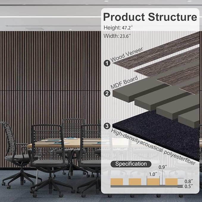 Wood Panels for Wall Acoustic Slat Wall Panels 4-Piece 47.2"×23.6" 3D Fluted Sound Absorbing Panel for Interior Wall Decor and Ceiling - Dark Walnut - Image 8