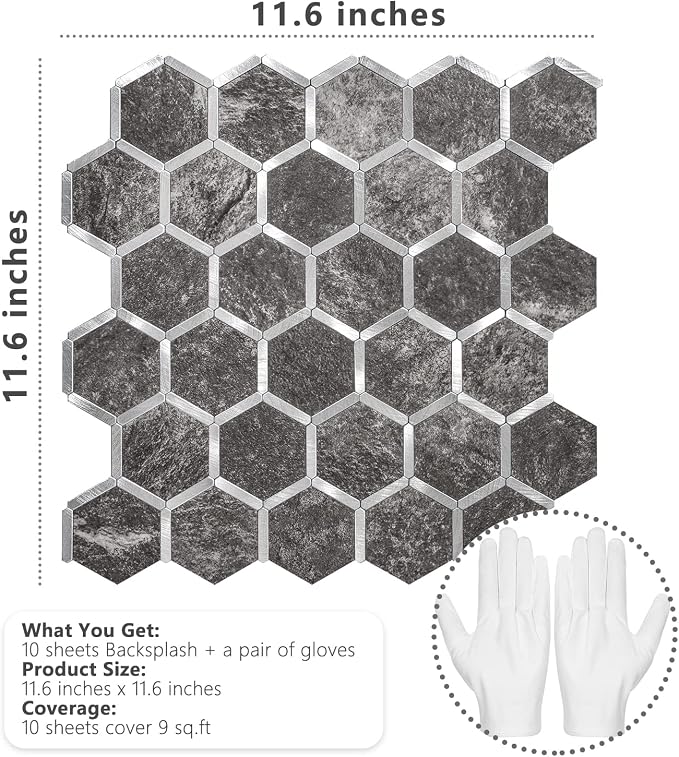 STICKGOO Hexagon Peel and Stick Backsplash Tile, Stick on Backsplash for Kitchen and Bathroom, Black Slate Look PVC Mixed Metal Silver Self Adhesive Wall Tiles(10 Sheets, Seamless) - Image 2