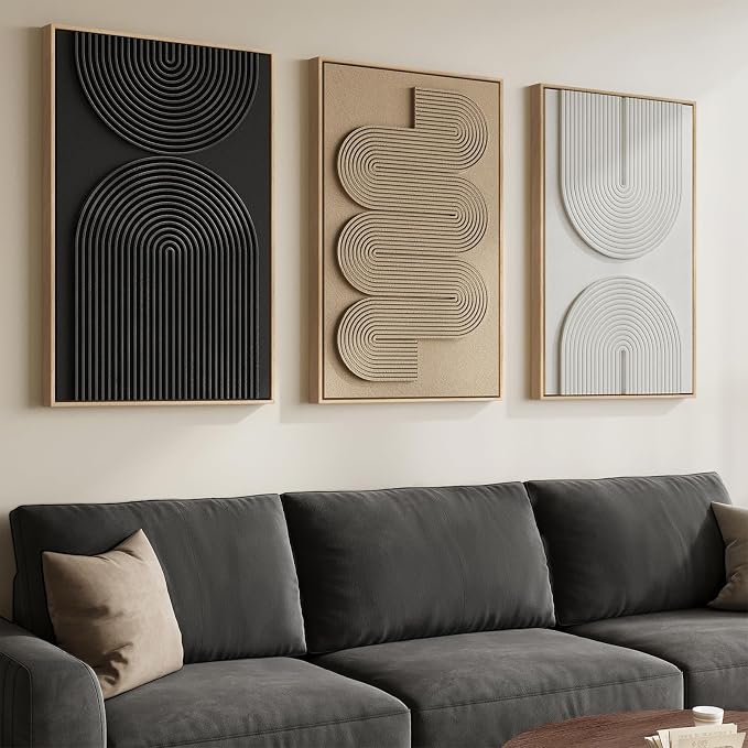 3D Textured Large Framed Boho Neutral Abstract Wall Art Set of 3, 20x30 In | Solid wood frames, raised sculptural lines, black white and beige palette, decorations for living room dining room bedroom by Cuspin