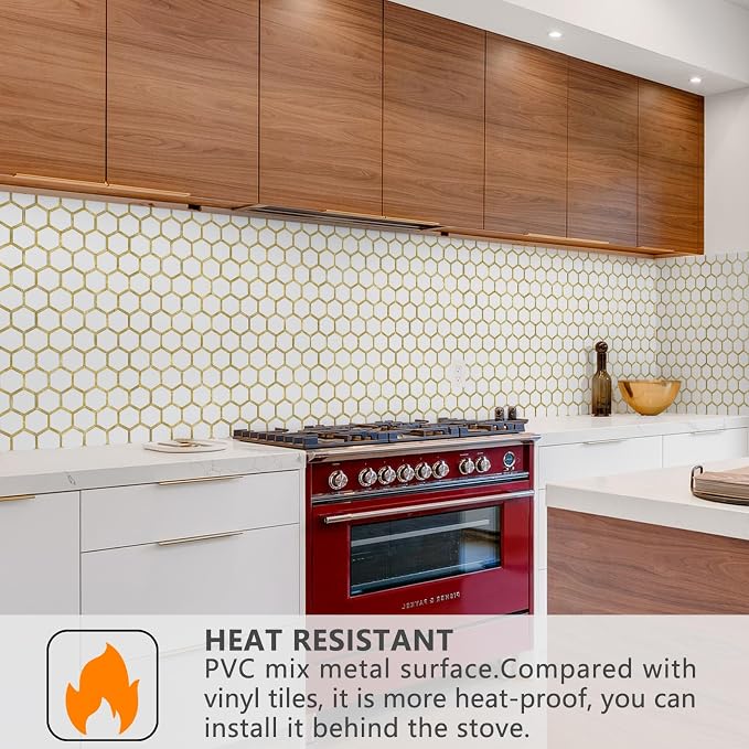 STICKGOO Hexagon Peel and Stick Backsplash Tile, Stick on Backsplash for Kitchen and Bathroom, Pure White PVC Mixed Metal Gold Self Adhesive Wall Tiles(10 Sheets, Seamless) - Image 2