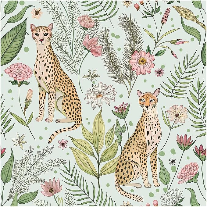 Floralplus Jungle Leopard Wallpaper Peel and Stick Wallpaper Removable Vintage Floral Wall Paper for Bathroom Renter Friendly Textured Stick On Vinyl Contact Paper Home Decor 17.5 x 393 in by Floralplus
