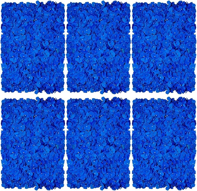 BLOSMON Royal Blue Flower Wall Panel Backdrops, 6 Pcs, 24 x 16 Inch | Hydrangea Artificial Flower Backdrops, for Wedding, Party, Bridal Shower, Hanging Faux Silk Floral Panels for DIY Decor by Blosmon