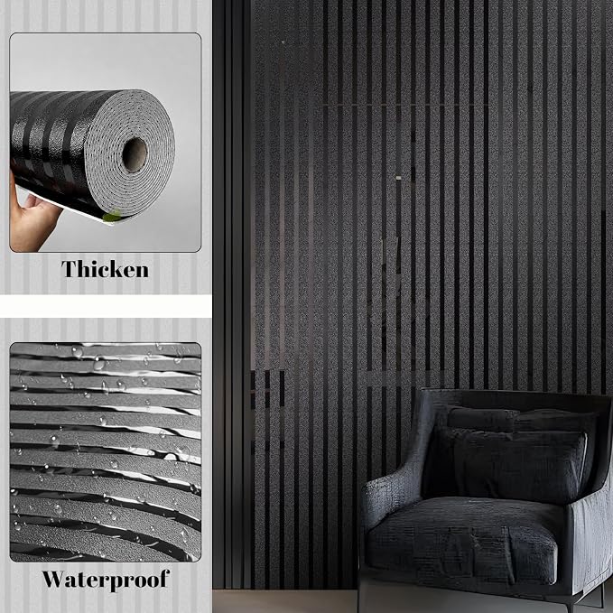 Black Metallic Peel and Stick Wallpaper Glossy Stripe Texture Wall Panels | 23.62" x 110.24" 2mm Thick Modern Embossed Vinyl Roll Waterproof Renter Friendly for Livingroom Bedroom Kitchen Backsplash - Image 6