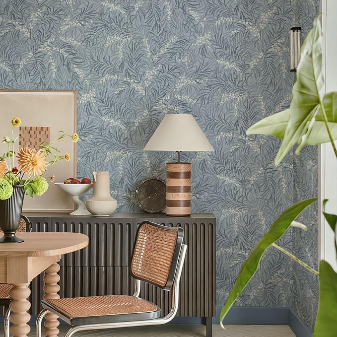 Ismoon Vintage Wallpaper Peel and Stick Dusty Blue Botanical Wallpaper 17.3in x32.8ft Leaf Removable Waterproof Blue/White Contact Paper for Bedroom Kitchen Renter Friendly Wall Decor Vinyl - Image 2