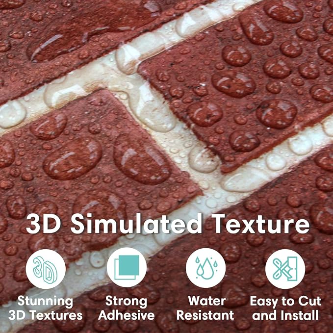 Commomy 3D Faux Brick Peel and Stick - 10pcs 15.74" x 11.8" Red | Ultralight Thin PVC 3D Wall Panels Fake Brick Paneling for Home Office,Bedroom,Quick DIY Home Decor(12.92 sq.ft) - Image 2