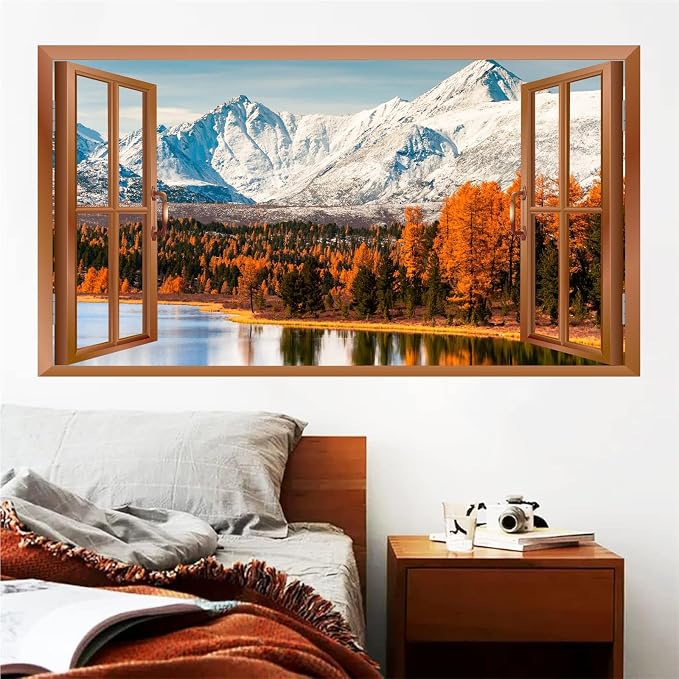 3D Fake Windows Wall Stickers Winter Mountain Lake Wall Stickers Removable Nature Landscape Faux Windows Wall Decals Peel and Stick Forest Wall Art Mural Stickers for Living Room Bedroom Kitchen Decor by kokolap