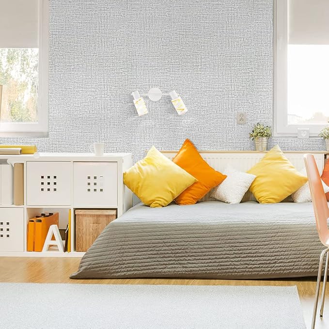 Grey Grasscloth Peel and Stick Wallpaper Fabric Paper 17.7in x 197in | Faux Linen Vintage Wallpaper Textured Removable Wall Paper Grass Cloth Cabinets Bedroom for Cabinet Self Adhesive Vinyl - Image 2