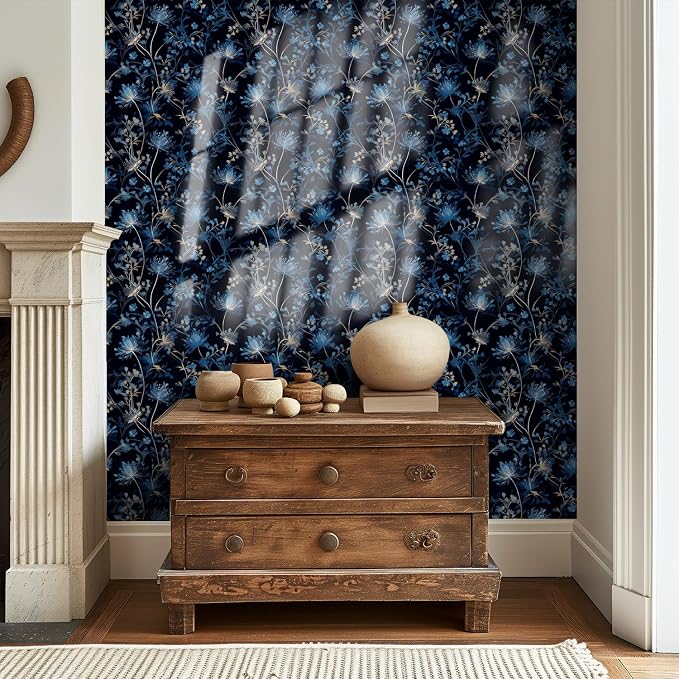 Navy Blue Floral Peel and Stick Wallpaper Dark Botanical Wallpaper | Removable Contact Paper Teal Blue Self-Adhesive Wall Paper for Bedroom Bathroom Kitchen Accent Wall Waterproof 17.7" x 118" - Image 3