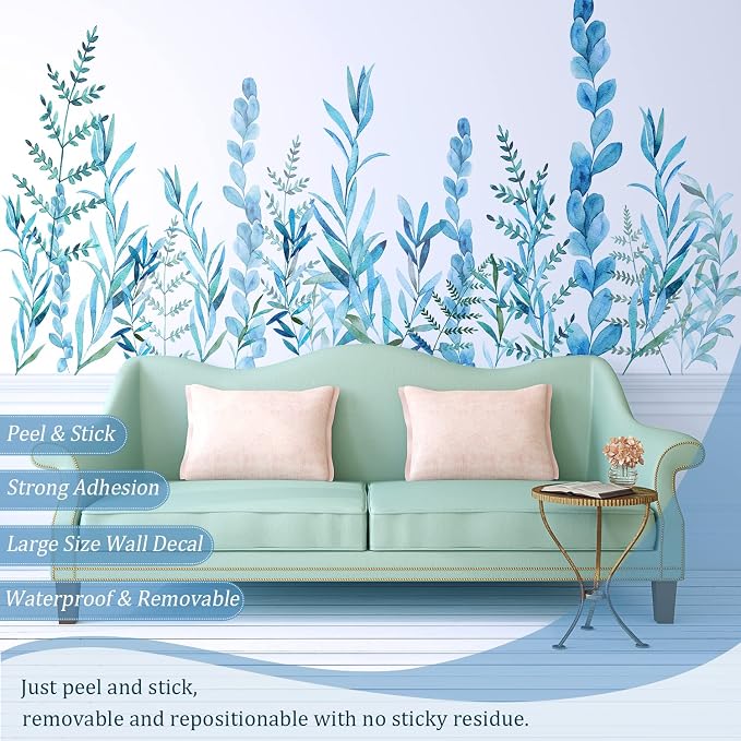 Blue Hanging String of Willow Wall Decals Peel and Stick, Large Plants Vinyl Wall Stickers, Removable Vine Home Decor Art for Bedroom Living Room Classroom Office - Image 3