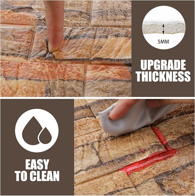 Colarr 60 Pcs 58 Sq ft 3D Wall Panels Peel and Stick Faux Foam 3D Brick Wallpaper Faux Paneling Adhesive Wall Covering Panels Decorative Medieval Tiles Waterproof for Bedroom(Retro Rock Color) - Image 3