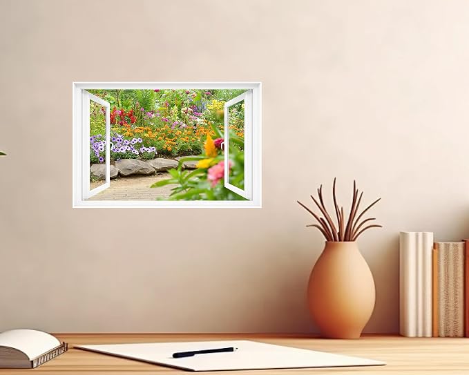 Fake Window Decal - 24"x16" Vinyl Wall Art | Garden Flower Scene Mural Sticker | Peel & Stick Removable Decor - Image 3
