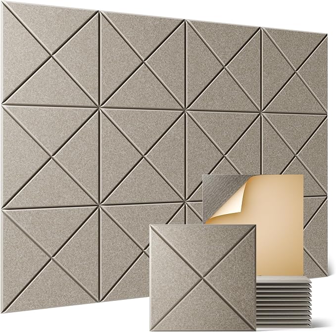 Sonicism 12 Pack X-Lined Acoustic Panels with Self-Adhesive, 12"X 12"X 0.4" Sound Proof Foam Panels, Decorative Soundproof Wall Panels, Sound Absorbing Tile for Home & Offices, Camel by Sonicism