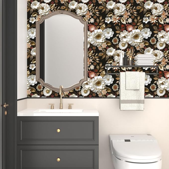 Laatse Dark Gold Floral Wallpaper Peel and Stick 17.5" × 393" | Self Adhesive/Removable/Waterproof/Thick Vinyl Contact Paper for Bathroom Bedroom Shelf Cabinet Drawer,Prepasted,Easy Peel - Image 4