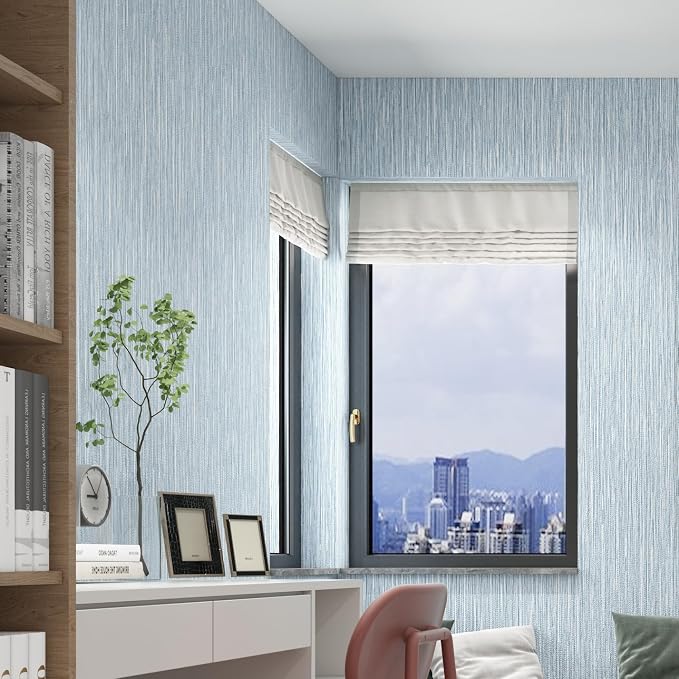 Haimin Grasscloth Wallpaper Textured 24in X 393in Fabric Contact Paper Light Blue Wall Paper Textured Linen Peel and Stick Self-Adhesive Thick Vinyl Embossed Film Wallpaper - Image 7