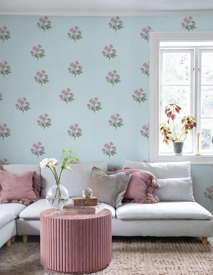 Toduso Peel and Stick Wallpaper Blue Wallpaper with Pink Floral Vintage Contact Paper Flower Removable Self Adhesive Waterproof Wall Paper for Farmhouse Bedroom Bathroom Living Room 17.3" x 78.7" - Image 8