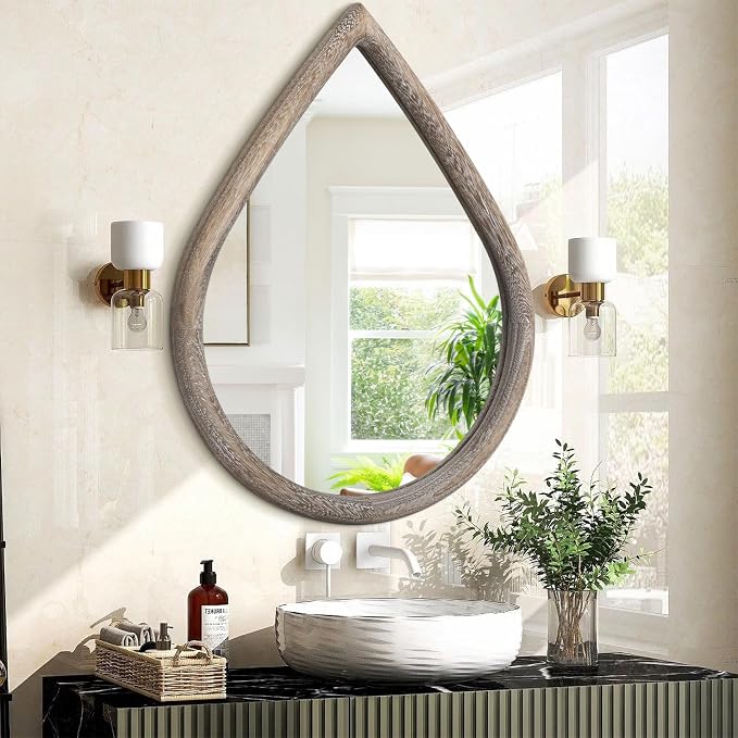 Rustic Farmhouse Wall Mounted Mirror Solid Wood Frame Teardrop Mirrors Wall Decorative Mirror for Bathroom Entryway Living Room Home Decor - Image 2