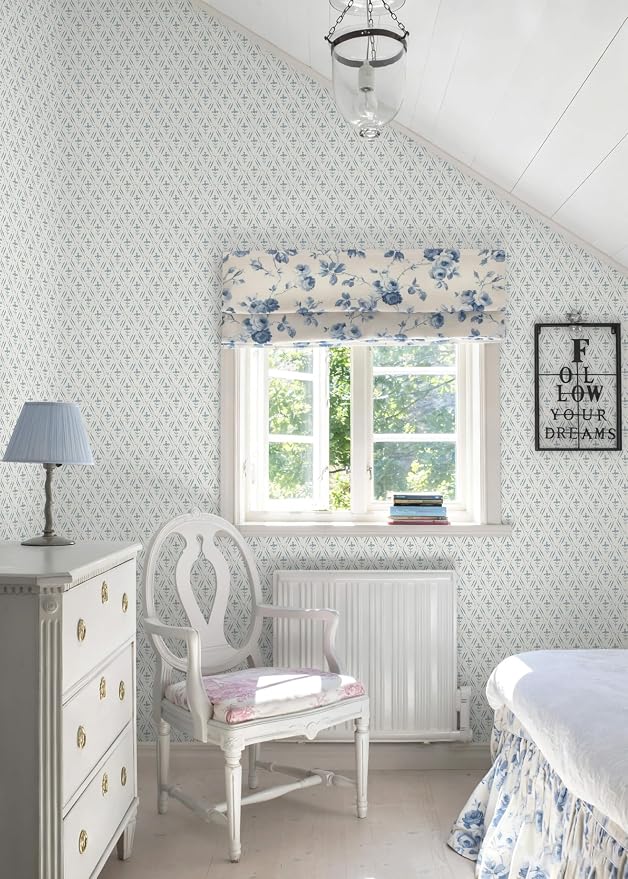 Heroad Blue Peel and Stick Wallpaper Farmhouse Tiny Floral Wall Paper 17.3''x393'' Vintage Rustic Cottage Contact Paper Geometric Self Adhesive Removable Wallpaper for Bedroom Kitchen Cabinet Decor - Image 5