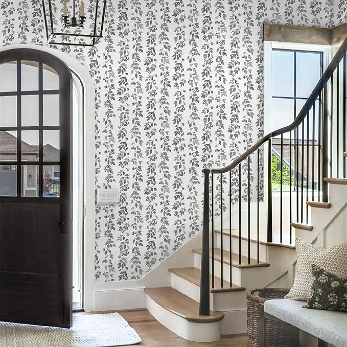 Heroad Grey Wallpaper Vintage Peel and Stick Wallpaper Leaf Contact Paper Cottage Core Wall Paper Self Adhesive Removable Wallpaper for Bathroom Bedroom Kitchen Watercolor Decor Vinyl 17.3''x78.7'' - Image 8
