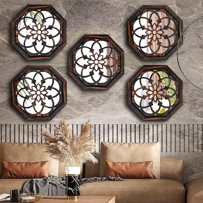 ZOLAPI 2-Piece Octagon Wall-Mounted Mirrors,Vintage Farmhouse Mirror for Wall Decor,Caramel Color Decorative Accent Mirror for Foyer, Bathroom, Bedroom. (12”x12”) - Image 6