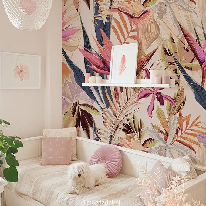 Floral Peel and Stick Wall Mural, Leather Textured Vintage Self-Adhesive Wallpaper for Bedroom Living Room Background Wall Art Decor, Bird of Paradise, Pink 92''x125'' - Image 8