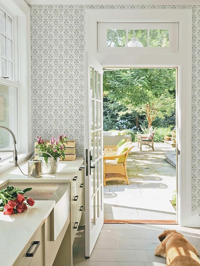 Dimoon Green Peel and Stick Wallpaper Floral Contact Paper Village Vintage Summer Cute Farmhouse Cottage Wall Paper Country Renter Friendly Geometry Waterproof Moody Bathroom Kitchen 78.7"x17.3" - Image 2