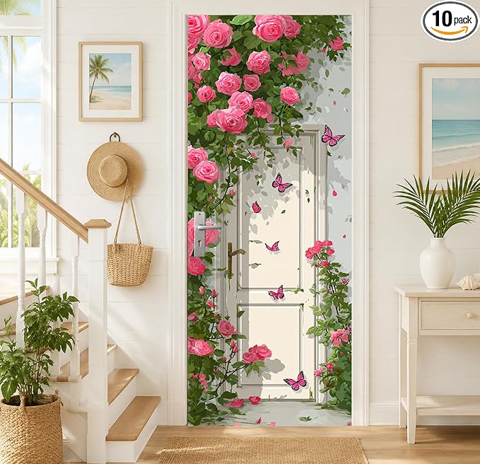 Koi Stairway Door Mural, Botanical Modern Steps Door Cover | Waterproof PVC, 30.3" W x 78.7" L; koi stairway design for bedroom, hallway, entryway or office doors. by Cmialusie