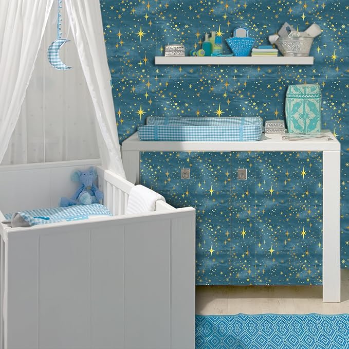 Navy Peel and Stick Wallpaper Gold Star Self Adhesive Contact Paper Sticker | Removable vinyl film, golden star wall stickers, retro starburst ceiling decor, art murals, for cabinets bedroom living room - Image 7