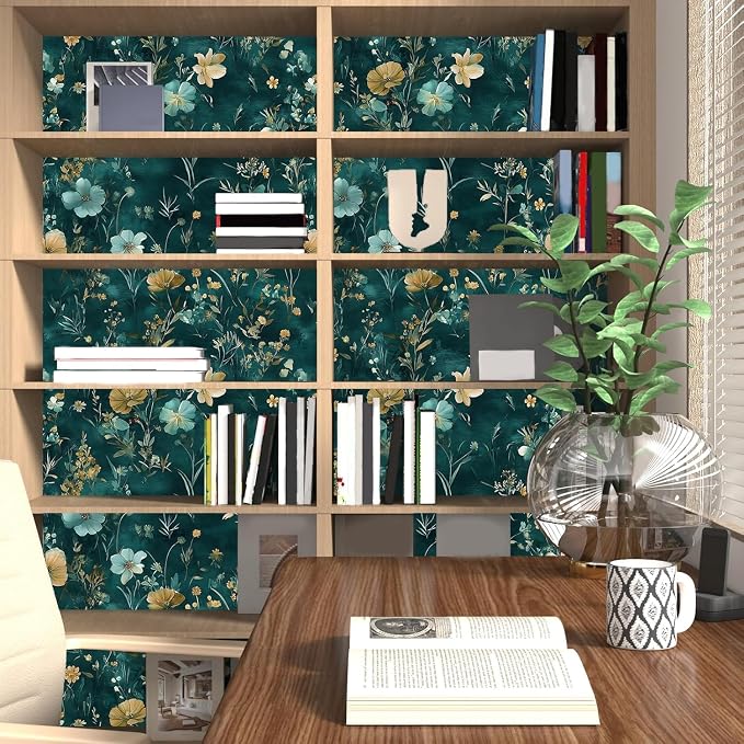 Laatse Floral Leaf Vintage Wallpaper Peel and Stick 17.5" x 393", Teal Gold | Self Adhesive/Removable/Waterproof/Thick Vinyl Contact Paper for Bathroom Bedroom Shelf Cabinet Drawer,Prepasted,Easy Peel - Image 5