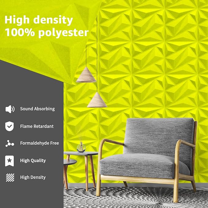 Art3dwallpanels Acoustic Panels, Fluorescent Green, 20 Pack, 12" X 12" | Soundproof Wall Panels, Sound Dampening, 3D Wall Panels, Sound Absorbing, Without Tape, Flame Retardant Formaldehyde Free - Image 3