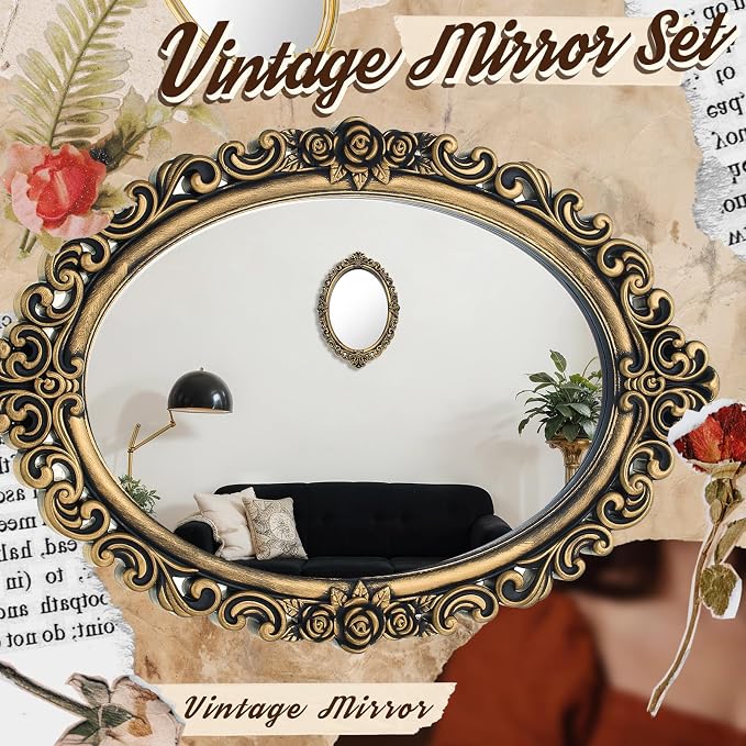 Beeveer 1 Style Vintage Mirrors Set Decorative Oval Wall Mirror Small Antique Mirrored Tray Decorative Hanging Mirror for Bathroom Bedroom Jewelry Organizer Victorian Decor (Oval,Antique Gold) - Image 6