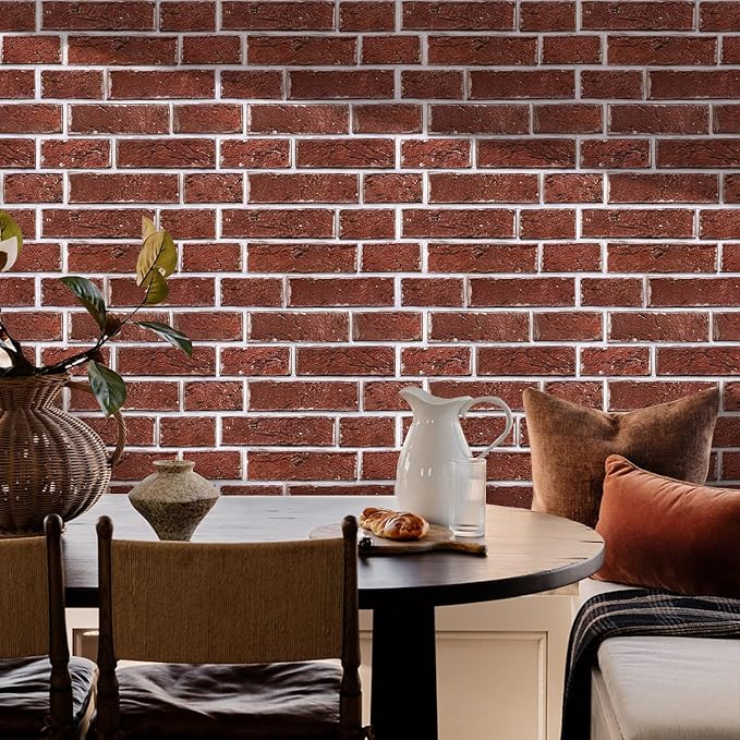 Commomy Faux Brick Panels Peel and Stick Wall Stickers 10 Pcs 11.8" x 11.8" | Small Size Thin PVC Red Fake 3D Brick Wallpaper for Kitchen,Fireplace,Home Office,Wall Covering Decor(Covers 9.7 sq.ft) - Image 9