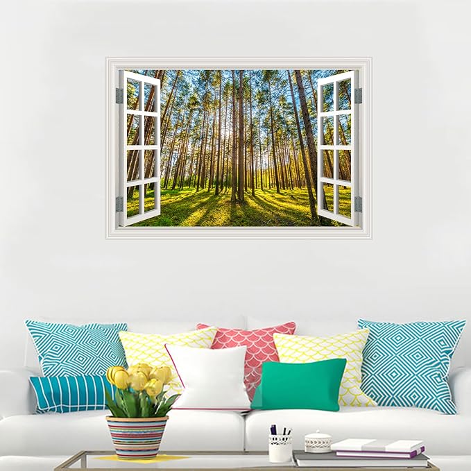 Fake Window Wall Decal- Morning Sunlight in The Forest Open Wall Sticker | Faux Window Natural Scenery Landscape Mural｜ Stick and Peel Decals｜for Home Room Bedroom Office Scene Picture Decor｜24"x16" - Image 3