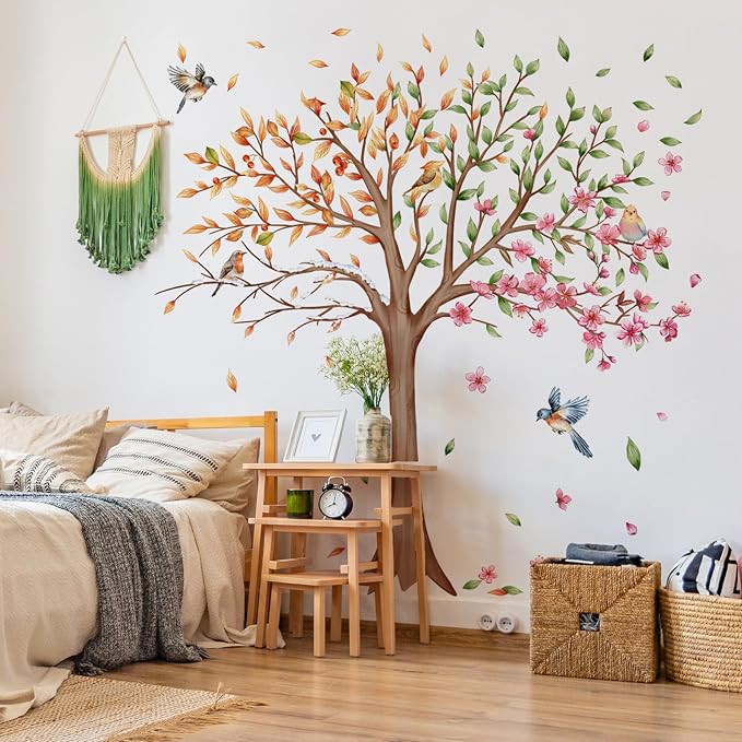 3 Sheets Large Tree Wall Decals Stickers Removable Floral Murals Peel and Stick Colorful Tree of Life Art Vinyl Living Room Decor with Flowers & Birds for Classroom Girls Bedroom Kids Nursery Office by SWORNADecorationLLC