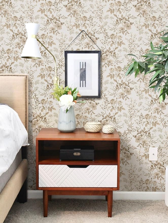Erfoni Boho Floral Peel and Stick Wallpaper Beige Flower Leaf Contact Paper | 16.9" x118" Self Adhesive Removable Wallpaper Boho Botanical Wallpaper for Bedroom Cabinets Decor Vinyl Roll Waterproof - Image 2