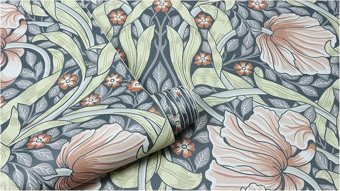 HAOKHOME William Morris Style Peel and Stick Wallpaper Floral Terracotta | Vintage Textured Renter Friendly Removable Wall Paper Grey Yellow Bathroom Bedroom Self Adhesive Contact Paper 17.3in x 9.8ft - Image 8
