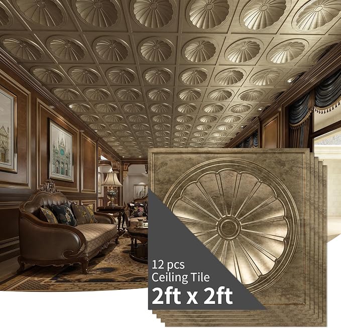 Art3dwallpanels Ceiling Tiles, 24 x 24 Inch, Antique Gold, 12 Pack | 3D Recessed Circle PVC Ceiling Panels, Fireproof Waterproof Light Tiles, 12 Pack 24"×24" Drop In Ceiling Decoration - Image 8