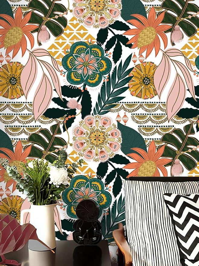 HAOKHOME Peel and Stick Wallpaper Boho Tropical Floral Botanical Colorful | Textured Removable Waterproof Renter Friendly Wall Paper Retro White Pink Green Banana Leaf Bathroom Bedroom 17.3in x 9.8ft - Image 3