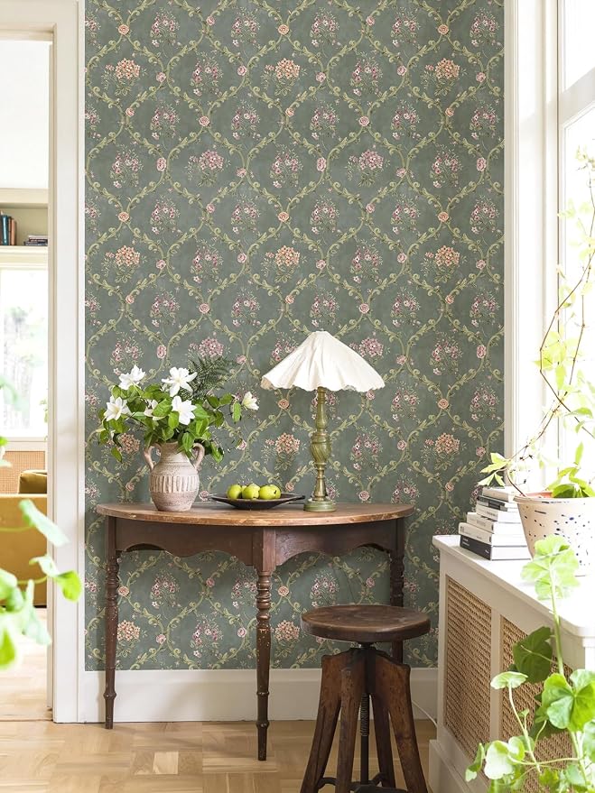 Dark Green Peel and Stick Wallpaper Floral Wallpaper 16.9in×118in | Self Adhesive Vintage Floral Wallpaper Removable Boho Contact Paper Green Wallpaper Waterproof for Bedroom Nursery Cabinets - Image 2