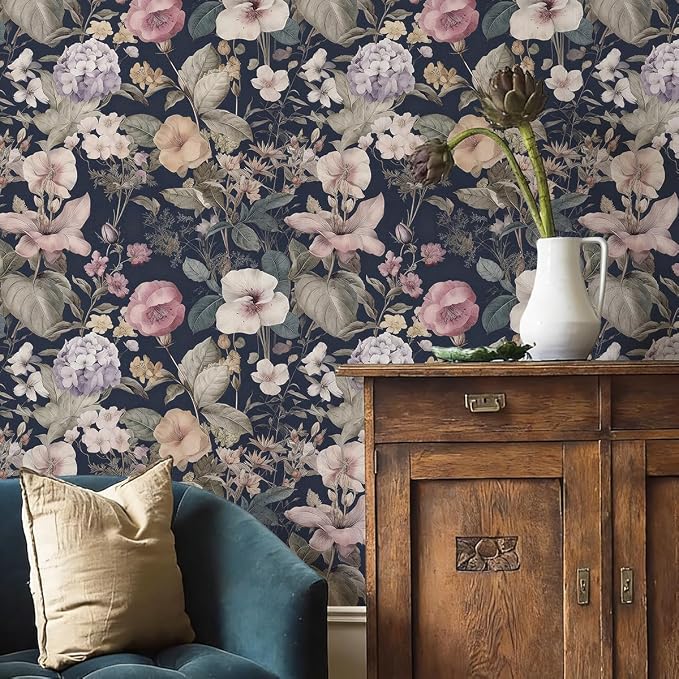 Jeweluck Vintage Floral Peel and Stick Wallpaper Floral Contact Paper 16.9" x 118.1" Dark Flower Wallpaper Peel and Stick Boho Leaf Self Adhesive Removable Wall Paper for Bedroom Decorative Vinyl - Image 7