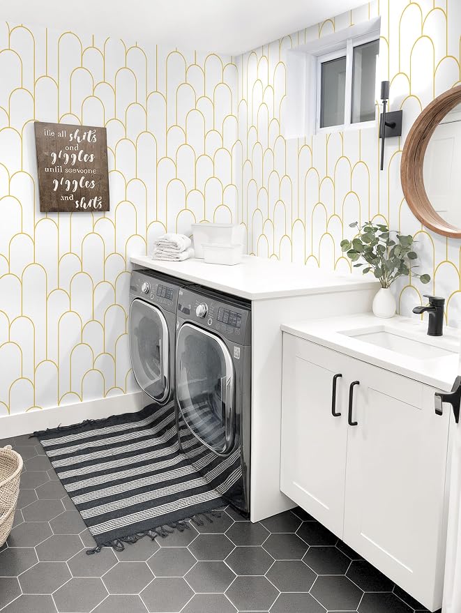 Yasinet Peel and Stick Wallpaper White and Gold Wallpaper Modern Geometric Contact Paper White/Gold Stripe Self Adhesive Wall Paper Decorative for Wall Bedroom 17.3''x393.7'' - Image 7