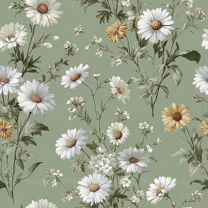 Livebor Floral Peel and Stick Wallpaper Green Wallpaper 16.9in x118.1in | Daisy Floral Contact Paper Flower Wallpaper Peel and Stick Modern Self Adhesive Removable Wall Paper for Bedroom Vinyl by LiveborDirectWallpaper