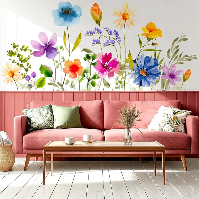 Watercolor Floral Flower Peel and Stick Wall Decals Decor Stickers Art | Colorful botanical wildflower removable vinyl wall art mural DIY kome decoration for bedroom living room nursery girls room by VePret