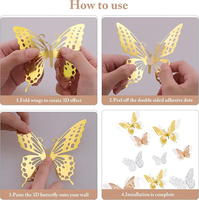 SAOROPEB 3D Butterfly Wall Decor, 72 Pcs 3 Styles 3 Sizes, Removable Metallic Wall Decor Sticker Room Mural Decals for Kids Bedroom Nursery Classroom Party Decoration Wedding Decor DIY Gift (3 Color) | 3 Styles 3 Sizes, Removable Wall Decor Sticker Roo... - Image 6
