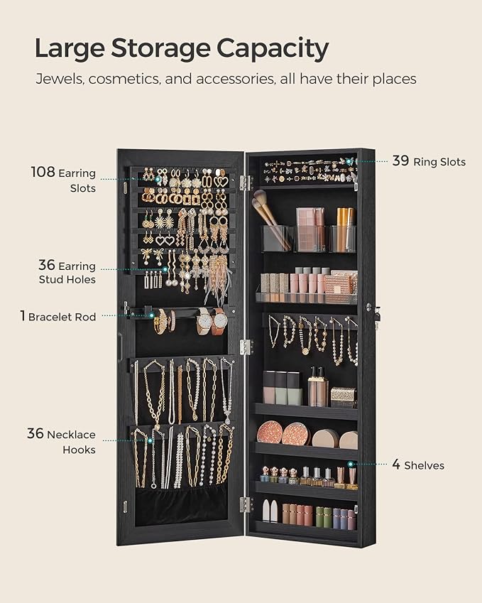 SONGMICS Mirror Jewelry Cabinet Armoire, Wall or Door Mounted, Lockable - Image 3