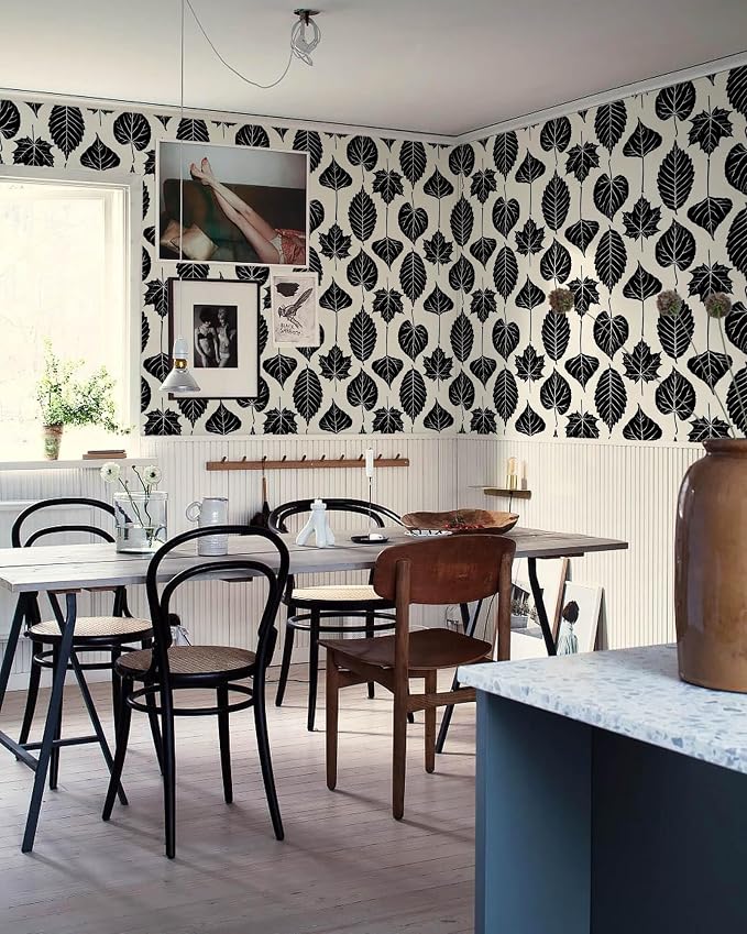 Dimoon Modern Peel and Stick Wallpaper Black and Cream Leaf Contact Paper Botanical Wallpaper Vintage Renter Friendly Removable Geometric Wall Paper for Bedroom Kitchen Textured 17.3''x197'' - Image 7