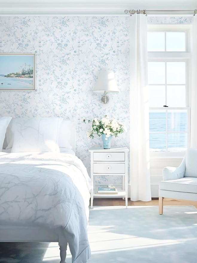 Dimoon 393"x17.3" Blue Wallpaper Floral Peel and Stick Wallpaper Blue Contact Paper Vintage French Country Renter Friendly Bathroom Boho Flower Removable Wall Paper Kitchen Self Adhesive Vinyl Roll - Image 5